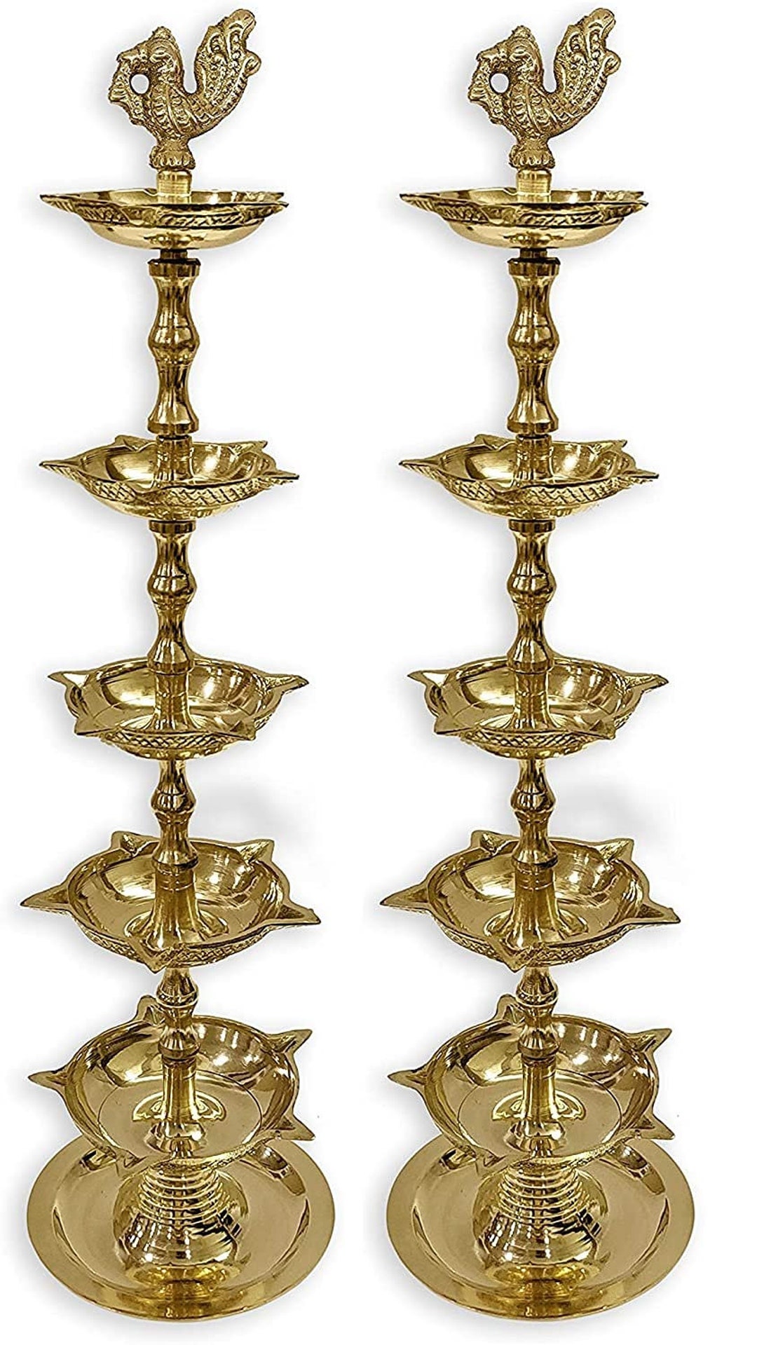 SATVIK 2 Pc Set Of 10.3 Inch Standing Brass Peacock Design Kerala Samai Deepak Puja Traditional Panchmahal Pooja Deepam Diya Oil Lamp Kutthu Vilakku Dia Deepawali Indian Housewarming Return Gift Item