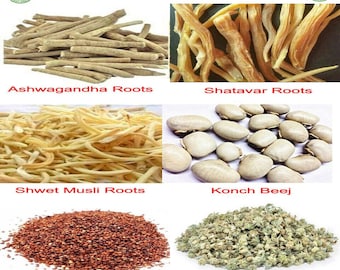 Semillas orgánicas Safed Musli Shatavar Ashwagandha Konch Beej Lajwanti Gokhru combo pequeño (paquete de 6) 100 gramos cada uno