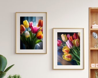 Wall Art Set Of 2 Tulip Photographs, printable wall art, digital download, colorful floral print, tulip art, flower art