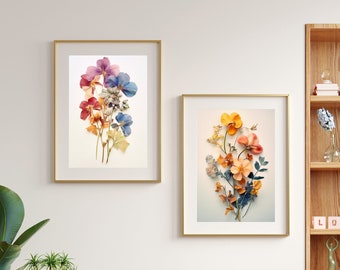 Set of 2 pressed wildflower prints, printable wall art, pressed flower art, pressed flower print, home decor, digital download