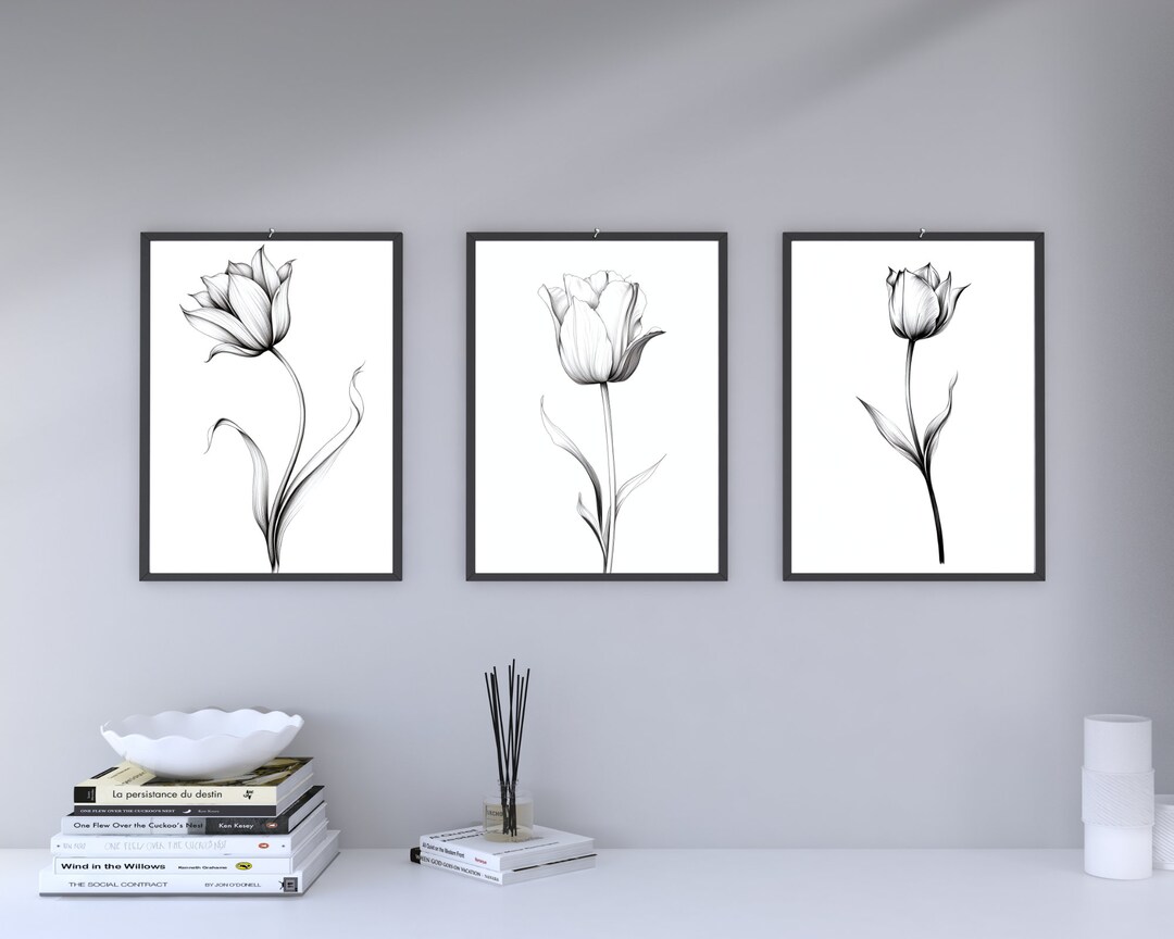 Wall Art Set of 3 Tulip Drawings, Printable Wall Art, Digital Download ...