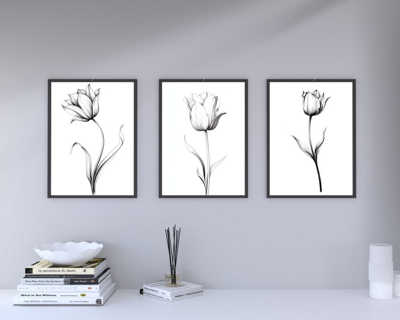 Wall Art Set of 3 Tulip Drawings, Printable Wall Art, Digital Download ...