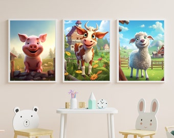 Charming Farm Animal Trio - Cute Farm Animals - Nursery Digital Prints - Instant Download