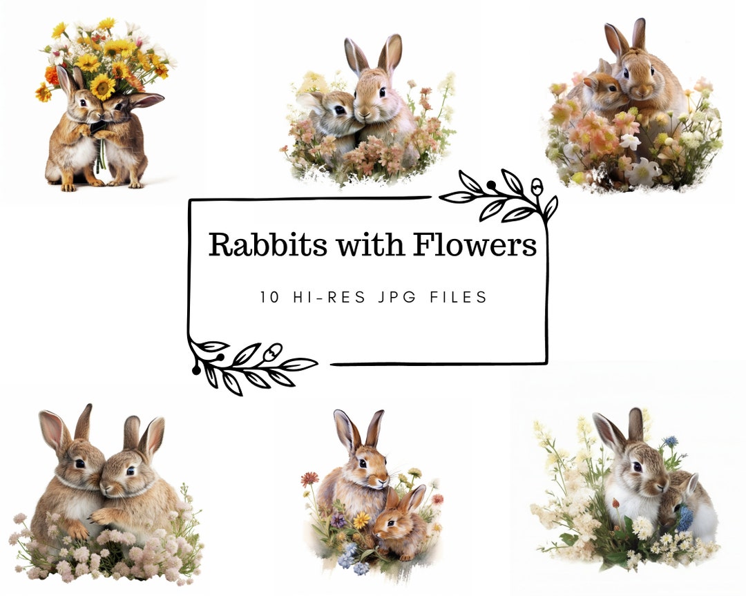 Floral Bunnies Clipart, 10 High Quality JPG, Nursery Art, Bunnies With ...