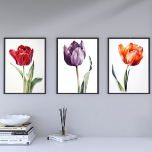 Wall Art Set Of 3 Tulip watercolors, printable wall art, digital download, colorful floral print, home decor