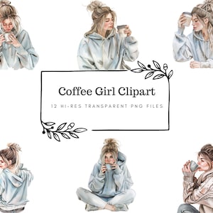 Charming Coffee Lover Watercolor Clipart - 12 Transparent PNG of a Girl Enjoying Coffee
