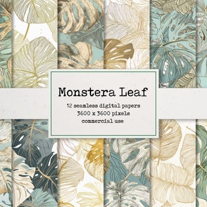Papel digital Monstera Leaf - Patrón de repetición sin costuras, hermosos fondos pintados, papel imprimible para álbumes de recortes y tarjetas