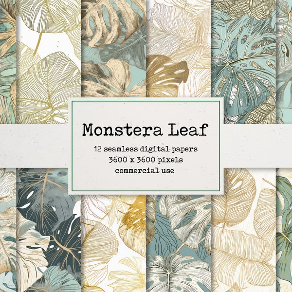 Monstera Leaf Digital Paper - Seamless Repeat Pattern, Beautiful Painted Backgrounds, Printable Paper for Scrapbooks and Cards
