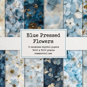 Blauw geperst bloemen digitaal papier - naadloos herhalingspatroon, prachtig geschilderde achtergronden, afdrukbaar papier voor plakboeken en kaarten