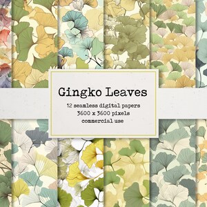 Carta digitale con foglie di Gingko - Motivo ripetuto senza soluzione di continuità, bellissimi sfondi dipinti, carta stampabile per album di ritagli e cartoline