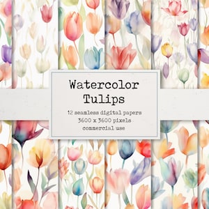 Watercolor Tulips Digital Paper - Seamless Repeat Pattern, Beautiful Painted Backgrounds, Printable Paper for Scrapbooks and Cards