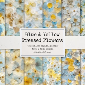 Papel digital de flores prensadas azul-amarelo - padrão de repetição sem costura, lindos fundos pintados, papel imprimível para álbuns de recortes e cartões