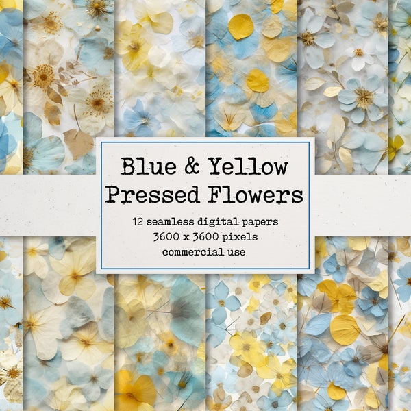 Blue-Yellow Pressed Flowers Digital Paper - Seamless Repeat Pattern, Beautiful Painted Backgrounds, Printable Paper for Scrapbooks and Cards