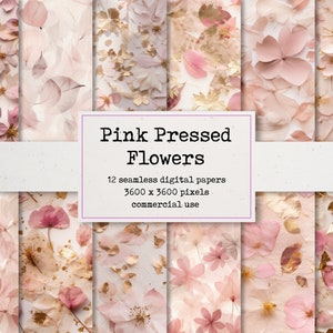 Rosa gepresste Blumen Digitales Papier - Nahtloses Wiederholungsmuster, wunderschön bemalter Hintergrund, bedruckbares Papier für Scrapbooks und Karten