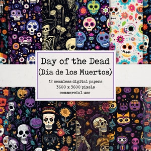 Papel digital do Dia dos Mortos - padrão de repetição sem costura, lindos fundos pintados, papel imprimível para álbuns de recortes e cartões