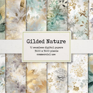 Papel digital de naturaleza dorada: patrón de repetición sin costuras, hermosos fondos pintados, papel imprimible para álbumes de recortes y tarjetas