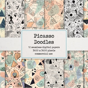 Picasso Doodles Digital Paper - bezszwowy wzór powtarzalny, piękne malowane tła, papier do druku na albumy i kartki