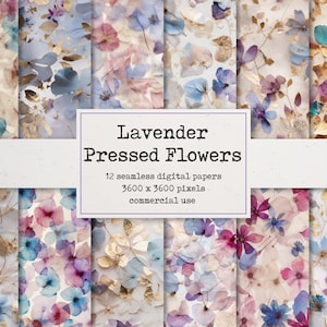 Carta digitale con fiori pressati di lavanda - Motivo ripetuto senza soluzione di continuità, bellissimi sfondi dipinti, carta stampabile per album di ritagli e cartoline