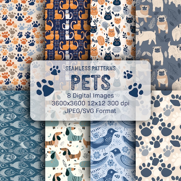 Pet Themed Digital Paper - seamless colourful animal printable patterns