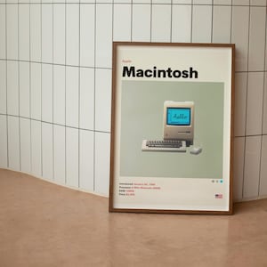 May include: A vintage-style poster featuring a beige Apple Macintosh computer with a blue screen displaying the word "hello". The poster has a green background and includes the text "Apple Macintosh" in black font. The poster also includes details about the computer's specifications, including the date it was introduced, its processor, RAM, and price.