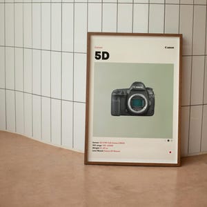 Op de afbeelding: Een ingelijste print met een Canon 5D camera. De print heeft een lichte achtergrond met de camera gecentreerd. Bovenin staat "Canon 5D Canon". Het gewicht is 889.9 gram.