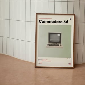 Póster minimalista de mediados de siglo de la computadora vintage Commodore 64