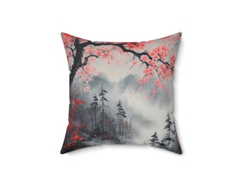 Cherry Tree in Pine Forest  Pillow
