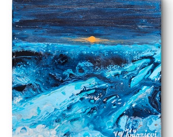 Mini lienzo pintura paisaje marino Arte UCRANIANO, PINTURA DE ONDAS abstracta azul, Pequeña pintura al óleo original, Arte de la pared del océano, Paisaje marino abstracto