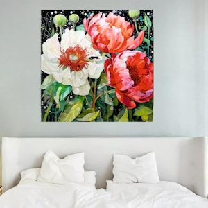 "Bold Blooming Garden" – Stampa artistica astratta floreale | Regalo per la festa della mamma | Arte murale botanica con peonie | Tela o carta per belle arti | Diverse dimensioni
