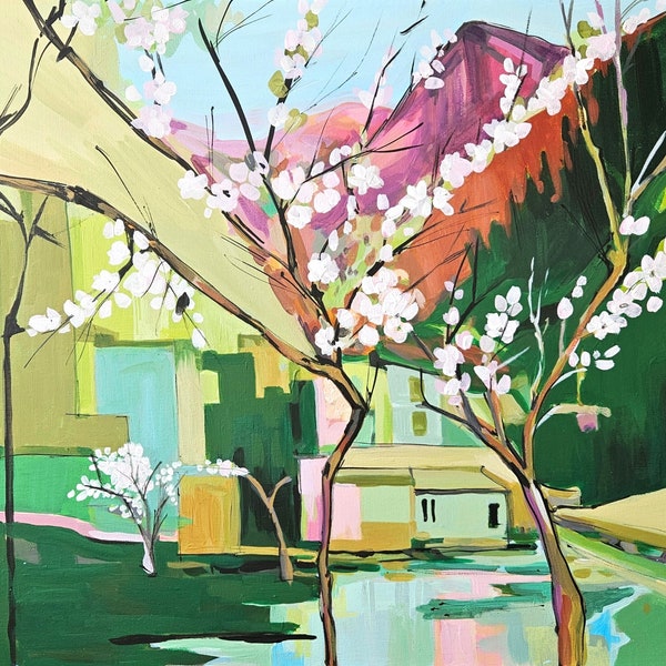 Sacura Large Wall Art| Japanese River Blooming Tree |Abstract Acrylic on Canvas Painting | Extra Large Wall Art|japanese painting