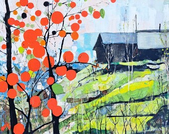 May include: A painting of a rural landscape with a small house in the background. The foreground features a tree with bright red circular shapes, possibly berries or fruit, against a light blue sky.
