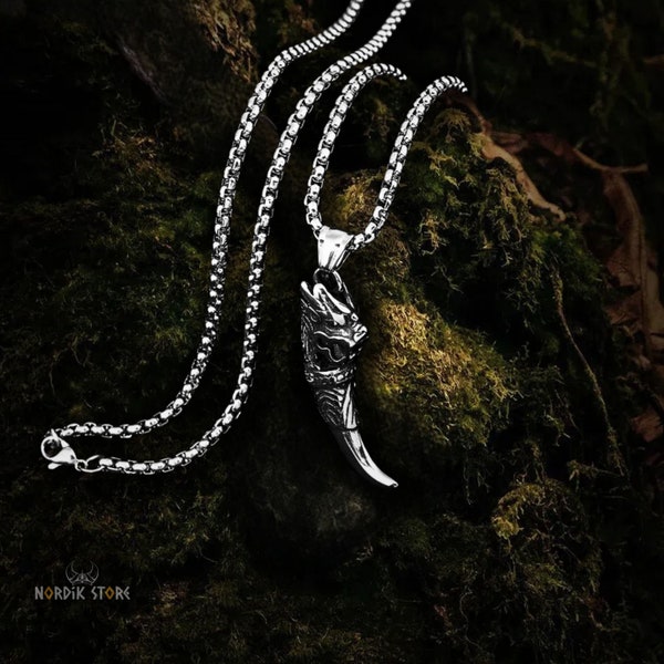 COLLIER VIKING Croc de Loup en Acier Inoxydable ~Pendentif Loup ~Bijou Viking ~Collier Nordique ~Collier Dent de Loup ~Idée Cadeau Homme