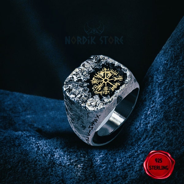 CHEVALIERE VIKING Le Cercle Magique Vegvisir Gravée Homme en Argent 925 sterling ~Bague nordique ~Bague Viking Païenne ~Bijoux Viking Homme