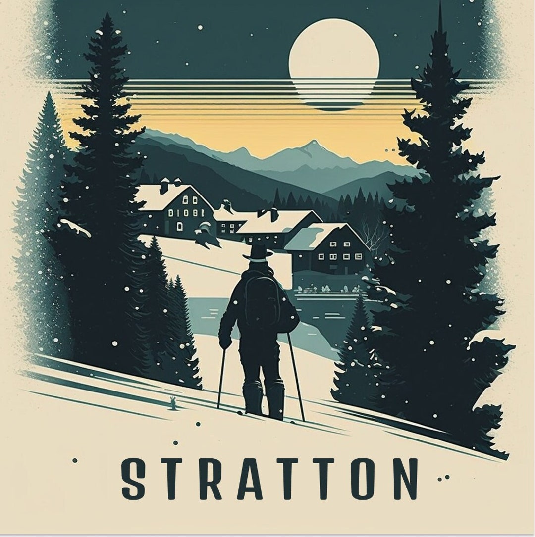 Green & Yellow Vector Poster of Skier in Stratton, Vermont Overlooking ...