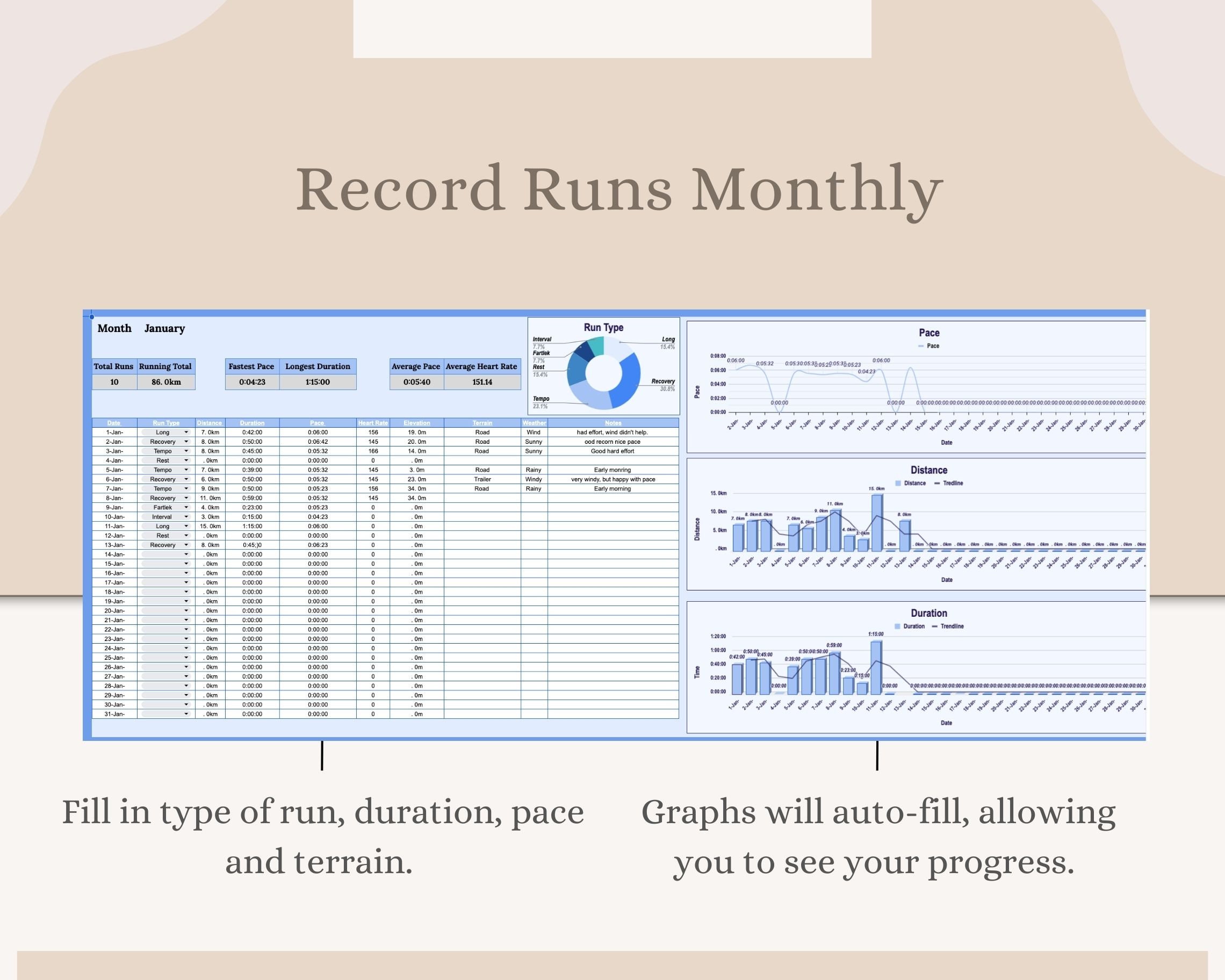 Running Template Excel Template Digital Planner Running Spreadsheet