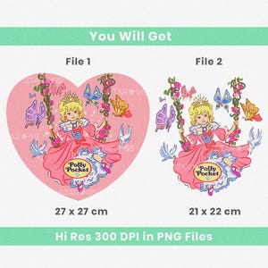 Peut inclure: Deux fichiers numériques avec un design Polly Pocket vintage. L'un est en forme de cœur, l'autre est un cercle. Les deux montrent une fille blonde en robe rose sur une balançoire avec des papillons et des fleurs. Le texte dit "Polly Pocket". Fichier 1 mesure 27 x 27 cm.