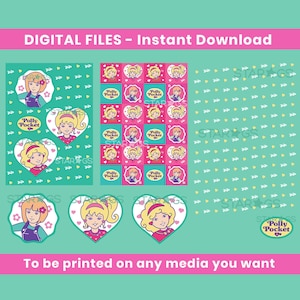Puede incluir: Archivos digitales con diseños de Polly Pocket. La imagen incluye varios patrones con motivos de corazones y estrellas, junto con el texto "DIGITAL FILES - Instant Download" y "To be printed on any media you want."