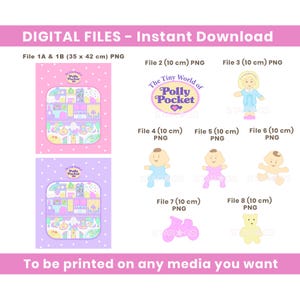 Op de afbeelding: Digitale bestanden voor direct downloaden met Polly Pocket-ontwerpen. Bevat afbeeldingen van Polly Pocket-poppen, een logo en miniatuur-speelsets. De bestanden zijn beschikbaar in PNG-formaat, met verschillende formaten, waaronder 35 x 42 cm en 10 cm.