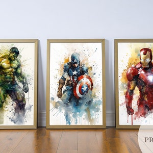 5 Watercolor Dripping art Superheroes, Watercolor Illustration, Dripping Art, Digital Download, Digital Print, Superhero Print