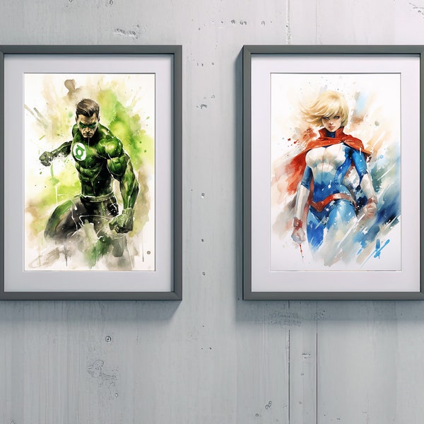 6 Watercolor Dripping art Superheroes, Watercolor Illustration, Dripping Art, Digital Download, Digital Print, Superhero Print