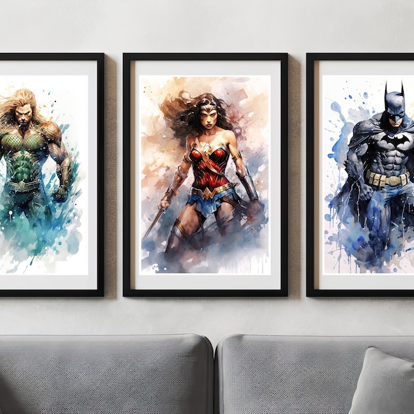 5 Watercolor Dripping art Superheroes, Watercolor Illustration, Dripping Art, Digital Download, Digital Print, Superhero Print