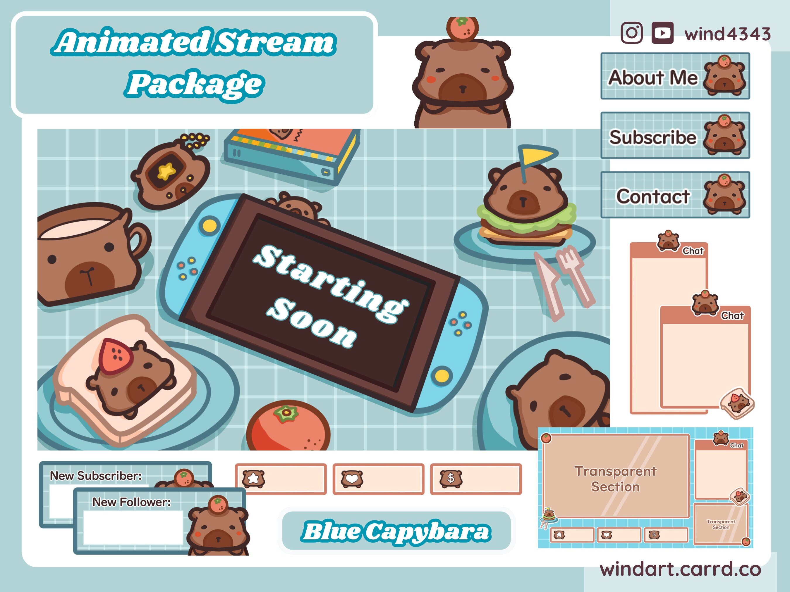 Animated Capybara Stream Overlay Bundle Picnic Cozy Blue Twitch Youtube ...