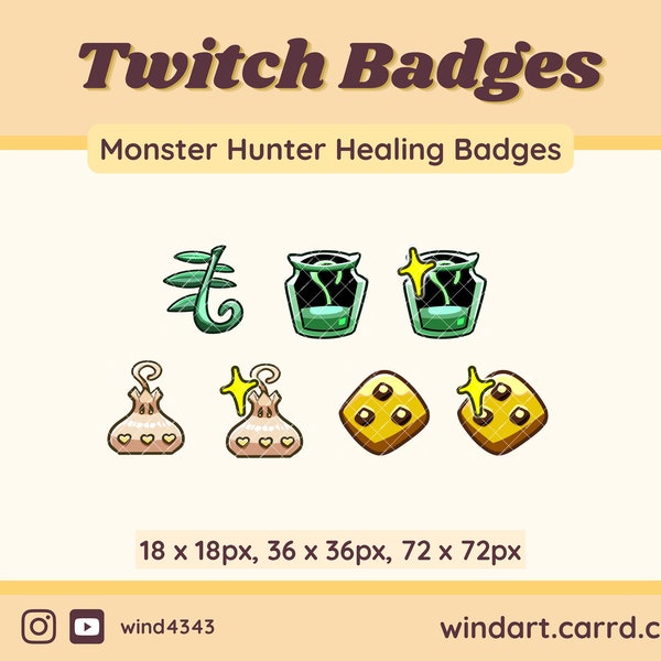 Monster Hunter Twitch Badges - Healing Set [Herb, Potion, Mega Potion, Max Potion, Ancient Potion, Lifepowder, Dust of life] | P2U Sub Bit