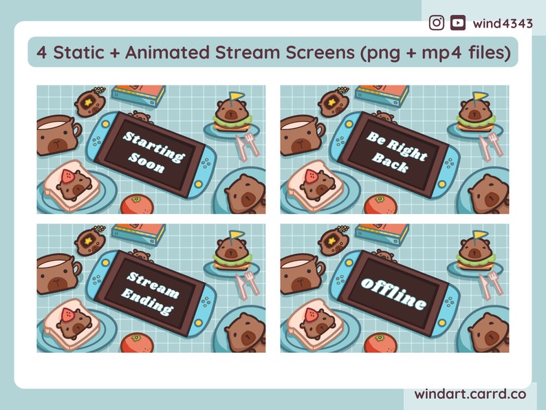 Animated Capybara Stream Overlay Bundle Picnic Cozy Blue Twitch Youtube ...