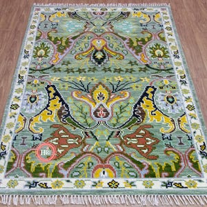 Green Modern Persian Style Soft High Quality Wool Hand Knotted Oushak Rug