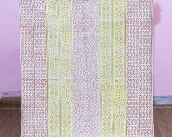 Handmade Cotton Printed Rug Yellow and Pink Flower Block Printed Boho Inspired Flatweave Rug