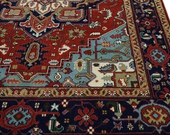 Rust Navy  Persian Heriz Serapi Hand Knotted Wool Rug - Made in India