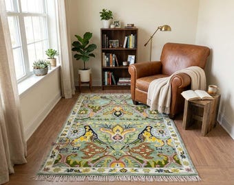 Sage Green Oushak Rug, Hand Knotted Wool Area Rug, Turkish Floral Vintage Style
