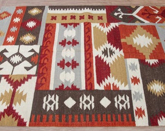Rust Kilim Rug Handwoven Wool Geometric Boho Flatweave Handmade Scandinavian Inspired