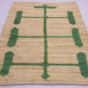 Beige Green Handwoven Jute Rug Modern Geometric Tribal Flatweave Area Rug